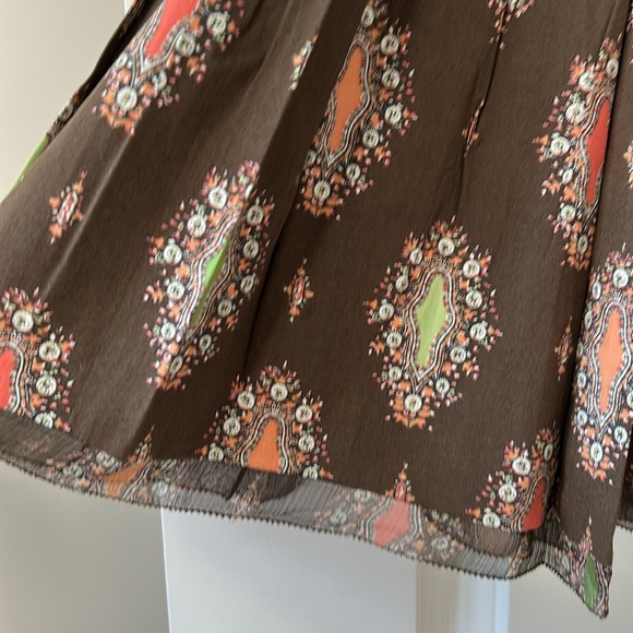Gianni Bini Pin-tucked Pleated Brown & Orange Print Pull-on Skirt w Mesh Hem - Picture 9 of 11